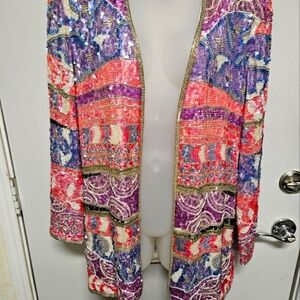 OLEG CASSINI BLACK TIE Vintage Amazing Sequin and Bugle Beaded Coat sz Large